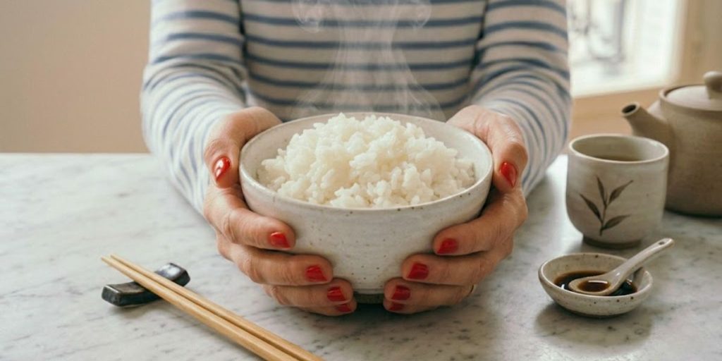 Sophie Marchand, spécialiste cuiseur à riz, dans sa cuisine avec un bol de riz japonais